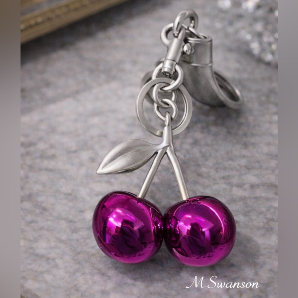 NEW Fuchsia Pink Metallic Cherry Bag Charm Keychain | Silver tone Hardware NWT
